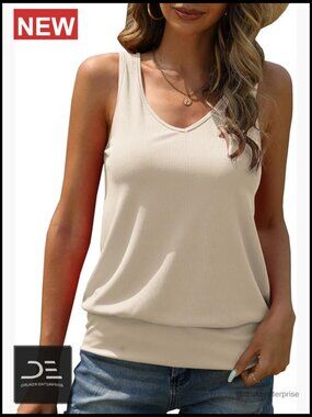 V Neck Tank Top Summer Ribbed Sleeveless Casual Loose Fit Banded Bottom Shirt
